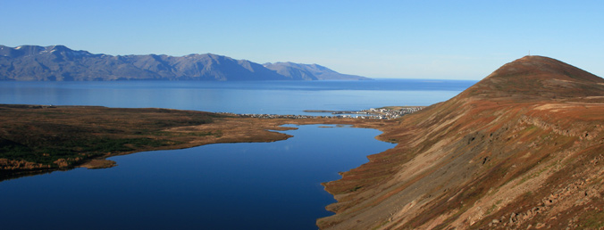 View from lake Botnsvatn over Húsavík to Skálfandi Bay with Húsavík mountain on the right