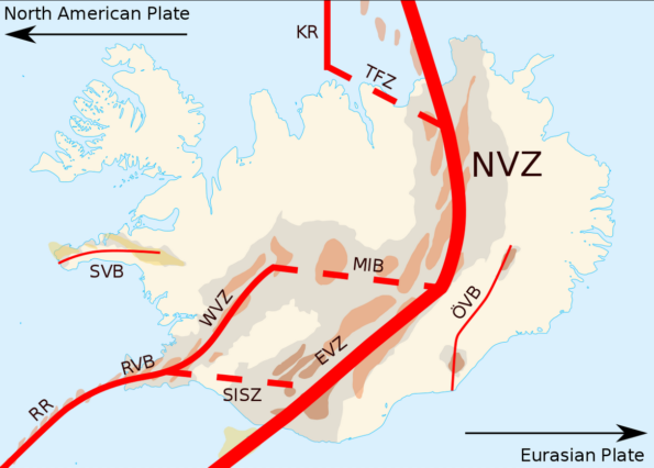 This figure shows the locations of the major deformation zones in Iceland. The thickest line represents the divergent plate boundary © Wikipedia