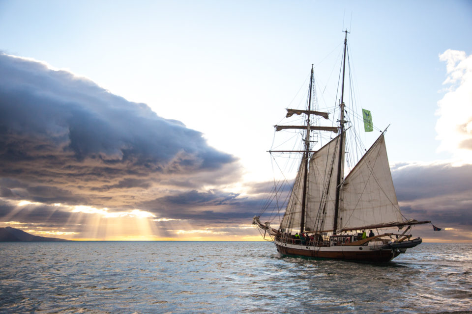 Schooner Opal sailing towards the sun © Nick Bondarev, North Sailing
